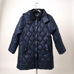 J. Crew Signature Quilted Puffer Coat Navy Hooded Long Jacket PrimaLoft L
